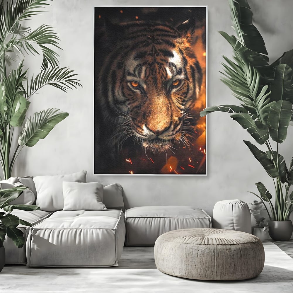 Tablou canvas cu tablou canvas cu cap de tigru si scantei, in rama de aluminiu argintiu, pe perete intr-un living
